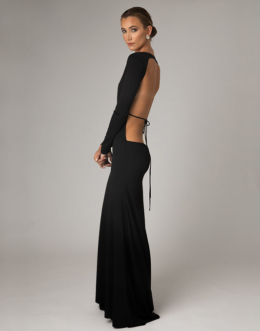 Cordella sublime maxi in silky jersey with a semi A-line flow to floor featuring open exposed back with ribbon waist tie across the back.