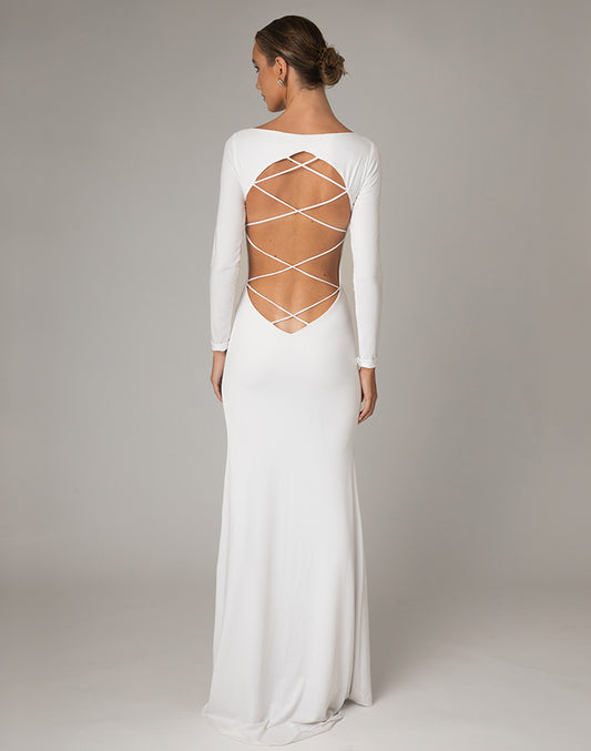 Cordella glamour long sublime white maxi in silky jersey with a semi A-line flow to floor featuring open exposed back with lattice cross work.