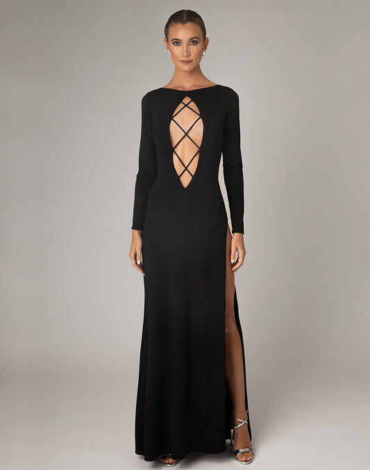 Cordella VI glamour long sublime black maxi  with a semi A-line flow to floor featuring exposed front and lattice cross lace.