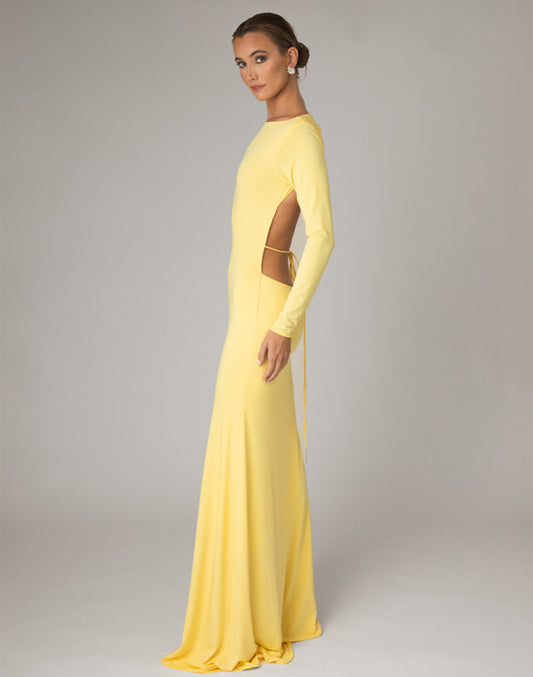 Glamour long maxi dress with sublime maxi in silky jersey with a semi A-line flow to floor featuring open exposed back with ribbon waist tie across the back.