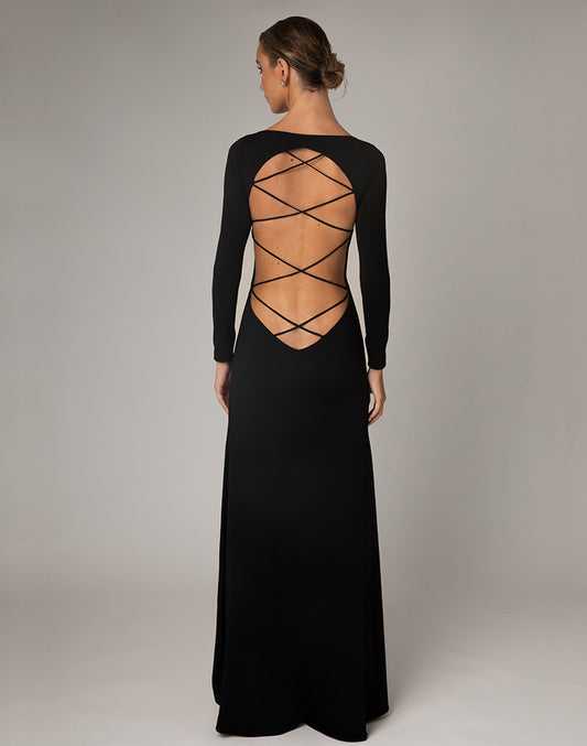 Cordella VII evening sexy dress with sublime maxi in silky jersey with a semi A-line flow to floor featuring open exposed back with lattice cross work.
