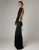 Sublime maxi in silky jersey with a semi A-line flow to floor featuring open exposed back with V design over lower back/ bottom.