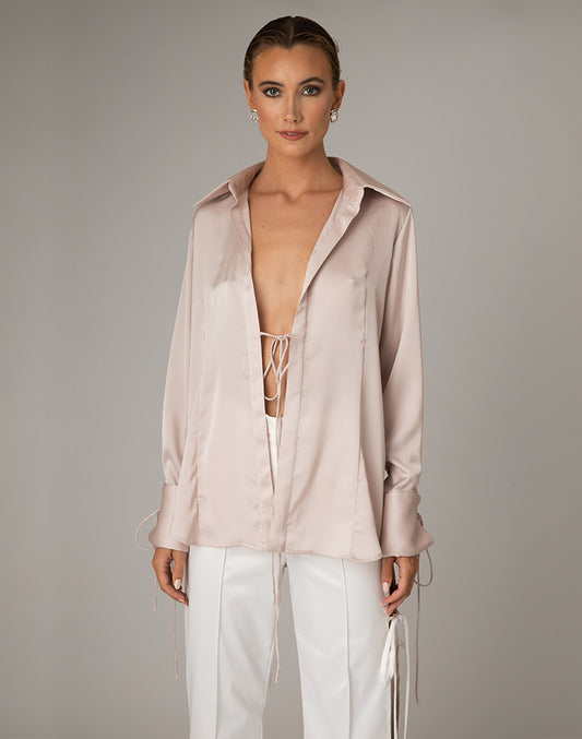 Cordella XI beautiful silky feel tailored open shirt featuring tie front ribbon and ribbon tie cuffs.