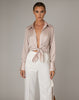 Cordella XI beautiful silky feel tailored open shirt featuring tie front ribbon and ribbon tie cuffs.