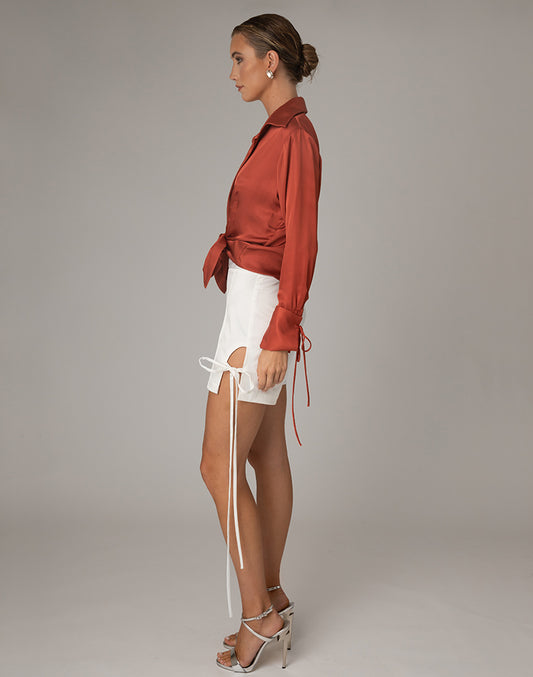 Cordella XI beautiful rust silky feel tailored open shirt featuring tie front ribbon and ribbon tie cuffs.