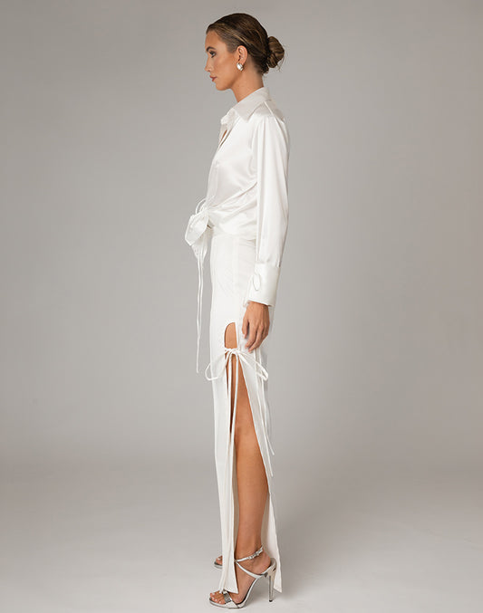 Cordella XI beautiful white silky feel tailored open shirt featuring tie front ribbon and ribbon tie cuffs.