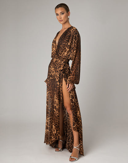 Evening sexy dress Sahara, a Leopard Georgetta layered wrap around maxi with wrap around waist tie and uneven skirt drape.