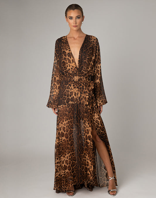 Evening sexy dress Sahara, a Leopard Georgetta layered wrap around maxi with wrap around waist tie and uneven skirt drape.