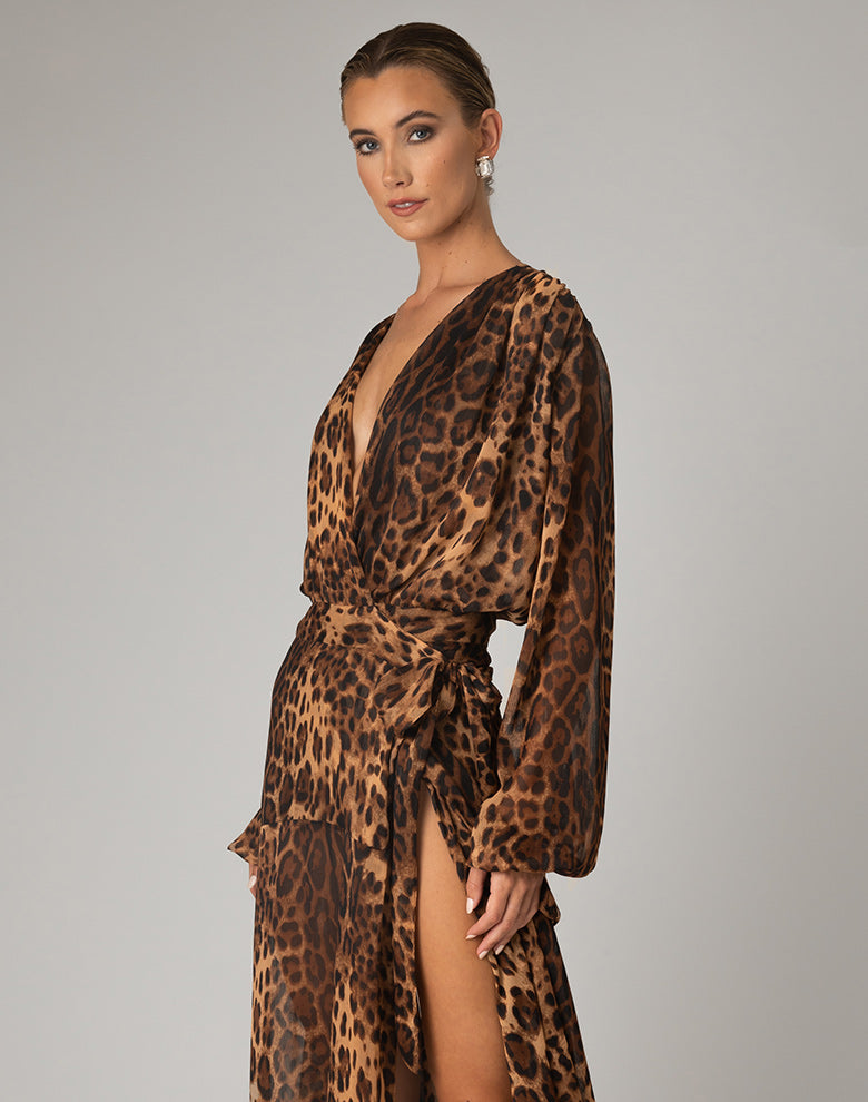 Evening sexy dress Sahara, a Leopard Georgetta layered wrap around maxi with wrap around waist tie and uneven skirt drape.