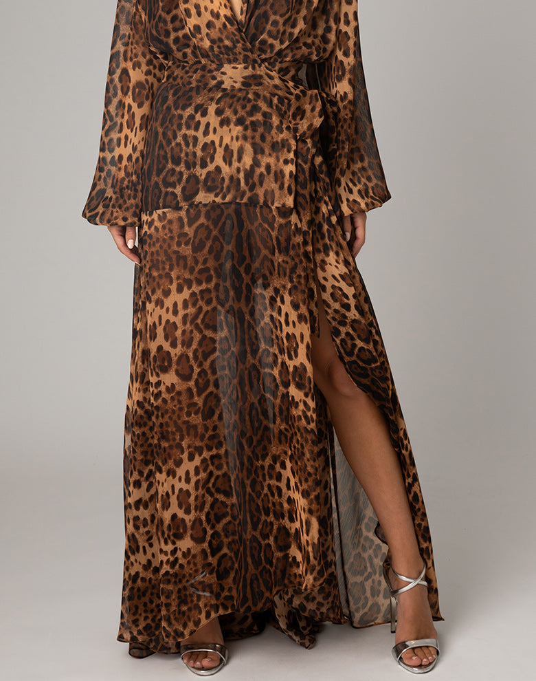 Evening sexy dress Sahara, a Leopard Georgetta layered wrap around maxi with wrap around waist tie and uneven skirt drape.