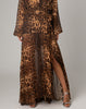 Evening sexy dress Sahara, a Leopard Georgetta layered wrap around maxi with wrap around waist tie and uneven skirt drape.